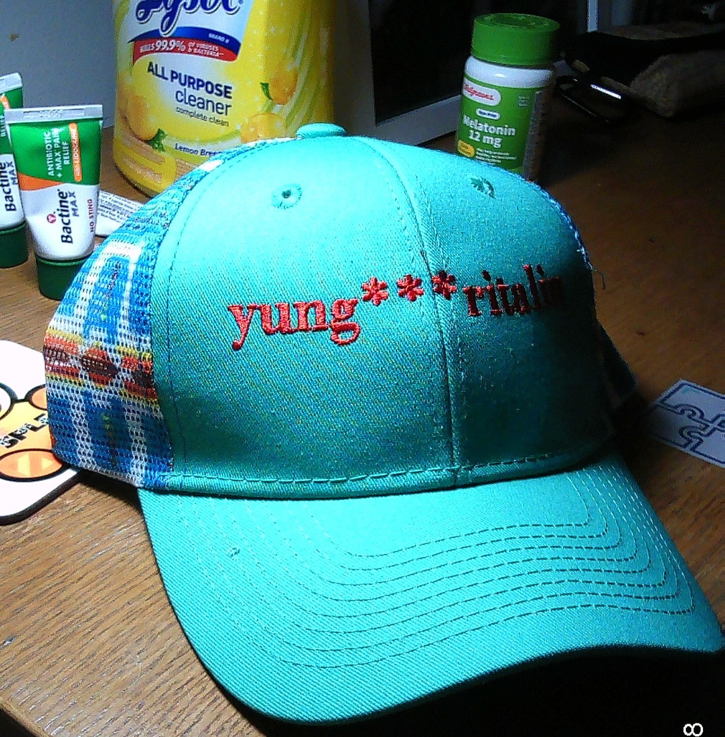 Yung Ritalin/ *** logo Native Pattern 6P Trucker hat/SNAP BACK/TEAL